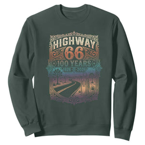 Highway 66 100 Years of the Mother Road Sweatshirt Centennial 1926-2026 Desert Oasis Retro Rainbow Graphic TS02 Dark Forest Green Print Your Wear