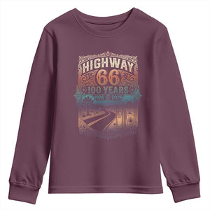 Highway 66 100 Years of the Mother Road Youth Sweatshirt Centennial 1926-2026 Desert Oasis Retro Rainbow Graphic TS02 Maroon Print Your Wear