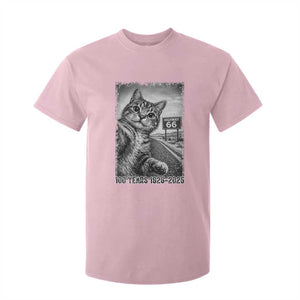 Funny Road Trip Cat Selfie with Highway 66 T Shirt For Kid Centennial 1926-2026 Historic Highway Humor TS02 Light Pink Print Your Wear