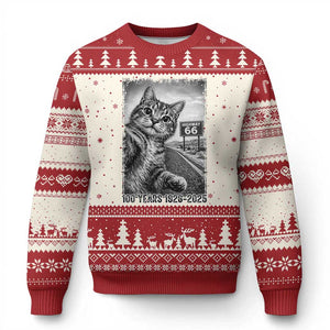 Funny Road Trip Cat Selfie with Highway 66 Ugly Christmas Sweater Centennial 1926-2026 Historic Highway Humor TS02 Beige Red Print Your Wear