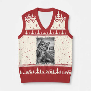 Funny Road Trip Cat Selfie with Highway 66 V-Neck Knit Sweater Vest Centennial 1926-2026 Historic Highway Humor TS02 Beige Red Print Your Wear
