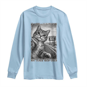 Funny Road Trip Cat Selfie with Highway 66 Long Sleeve Shirt Centennial 1926-2026 Historic Highway Humor TS02 Light Blue Print Your Wear