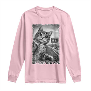 Funny Road Trip Cat Selfie with Highway 66 Long Sleeve Shirt Centennial 1926-2026 Historic Highway Humor TS02 Light Pink Print Your Wear