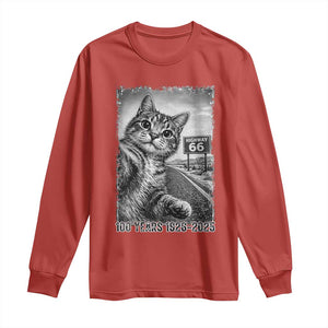 Funny Road Trip Cat Selfie with Highway 66 Long Sleeve Shirt Centennial 1926-2026 Historic Highway Humor TS02 Red Print Your Wear