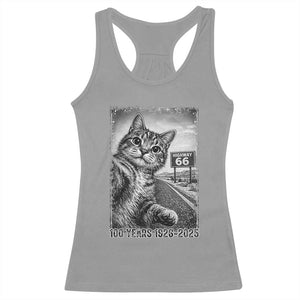 Funny Road Trip Cat Selfie with Highway 66 Racerback Tank Top Centennial 1926-2026 Historic Highway Humor TS02 Sport Gray Print Your Wear