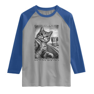 Funny Road Trip Cat Selfie with Highway 66 Raglan Shirt Centennial 1926-2026 Historic Highway Humor TS02 Sport Gray Royal Print Your Wear