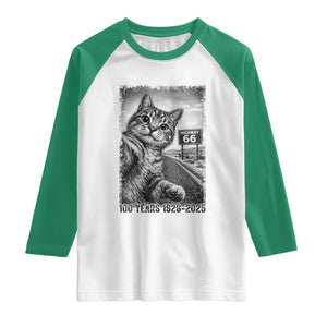 Funny Road Trip Cat Selfie with Highway 66 Raglan Shirt Centennial 1926-2026 Historic Highway Humor TS02 White Kelly Green Print Your Wear
