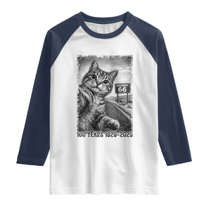 Funny Road Trip Cat Selfie with Highway 66 Raglan Shirt Centennial 1926-2026 Historic Highway Humor TS02 White Navy Print Your Wear