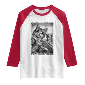 Funny Road Trip Cat Selfie with Highway 66 Raglan Shirt Centennial 1926-2026 Historic Highway Humor TS02 White Red Print Your Wear