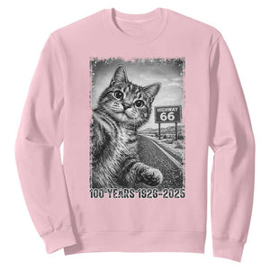 Funny Road Trip Cat Selfie with Highway 66 Sweatshirt Centennial 1926-2026 Historic Highway Humor TS02 Light Pink Print Your Wear