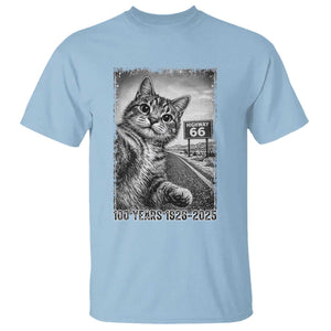 Funny Road Trip Cat Selfie with Highway 66 T Shirt Centennial 1926-2026 Historic Highway Humor TS02 Light Blue Print Your Wear