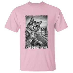 Funny Road Trip Cat Selfie with Highway 66 T Shirt Centennial 1926-2026 Historic Highway Humor TS02 Light Pink Print Your Wear