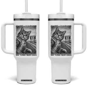 Funny Road Trip Cat Selfie with Highway 66 Tumbler With Handle Centennial 1926-2026 Historic Highway Humor TS02 One Size: 40 oz White Print Your Wear