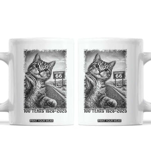 Funny Road Trip Cat Selfie with Highway 66 Coffee Mug Centennial 1926-2026 Historic Highway Humor TS02 White Print Your Wear