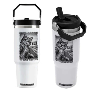 Funny Road Trip Cat Selfie with Highway 66 Flip Straw Tumbler Centennial 1926-2026 Historic Highway Humor TS02 One Size: 30 oz White Print Your Wear
