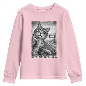 Funny Road Trip Cat Selfie with Highway 66 Youth Sweatshirt Centennial 1926-2026 Historic Highway Humor TS02 Light Pink Print Your Wear