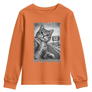 Funny Road Trip Cat Selfie with Highway 66 Youth Sweatshirt Centennial 1926-2026 Historic Highway Humor TS02 Orange Print Your Wear