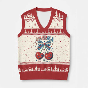 Retro Americana Cherries and Stars Coquette Bow V-Neck Knit Sweater Vest America Cute Patriotic 4th Of July US TS02 Beige Red Print Your Wear