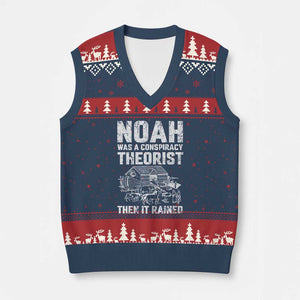 Noah Was a Conspiracy Theorist V-Neck Knit Sweater Vest Then It Rained Funny Biblical Ark Humor TS02 Navy Red Print Your Wear