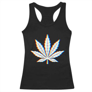 Cannabis Leaf Glitch Effect Graphic Racerback Tank Top Retro RGB Distortion Weed and Stoner Lifestyle