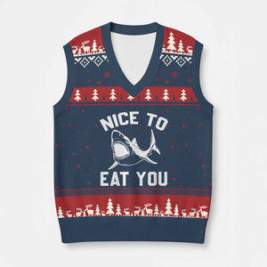 Funny Shark Lover V-Neck Knit Sweater Vest Nice To Eat You TS02 Navy Red Print Your Wear