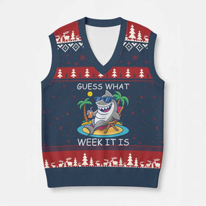 Funny Shark Lover Week V-Neck Knit Sweater Vest Week Guess What Week It Is Summer Beach TS02 Navy Red Print Your Wear