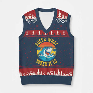 Funny Shark Lover Week V-Neck Knit Sweater Vest Guess What Week It Is Ocean Wildlife Retro Sunset TS02 Navy Red Print Your Wear