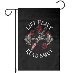 Lift Heavy Read Smut Funny Bookish Fitness Garden Flag Vintage Gothic Dagger Roses Weightlifting Spicy Romance Book Lover