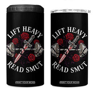 Lift Heavy Read Smut Funny Bookish Fitness 4 in 1 Can Cooler Tumbler Vintage Gothic Dagger Roses Weightlifting Spicy Romance Book Lover