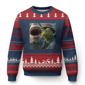 Unbothered Frog Smoking Cigarette Meme Ugly Christmas Sweater Cinematic Shark Attack Calmness Graphic Dark Humor