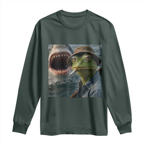 Unbothered Frog Smoking Cigarette Meme Long Sleeve Shirt Cinematic Shark Attack Calmness Graphic Dark Humor