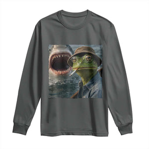 Unbothered Frog Smoking Cigarette Meme Long Sleeve Shirt Cinematic Shark Attack Calmness Graphic Dark Humor
