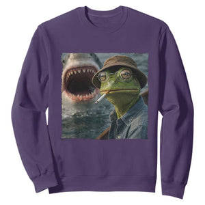 Unbothered Frog Smoking Cigarette Meme Sweatshirt Cinematic Shark Attack Calmness Graphic Dark Humor
