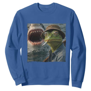 Unbothered Frog Smoking Cigarette Meme Sweatshirt Cinematic Shark Attack Calmness Graphic Dark Humor
