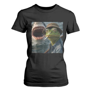 Unbothered Frog Smoking Cigarette Meme T Shirt For Women Cinematic Shark Attack Calmness Graphic Dark Humor
