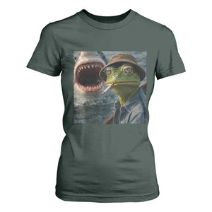 Unbothered Frog Smoking Cigarette Meme T Shirt For Women Cinematic Shark Attack Calmness Graphic Dark Humor