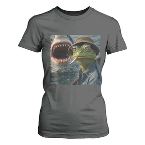 Unbothered Frog Smoking Cigarette Meme T Shirt For Women Cinematic Shark Attack Calmness Graphic Dark Humor