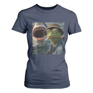 Unbothered Frog Smoking Cigarette Meme T Shirt For Women Cinematic Shark Attack Calmness Graphic Dark Humor