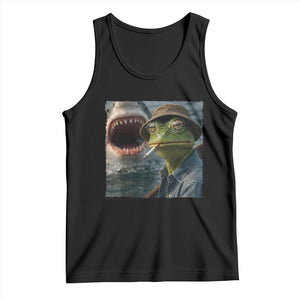 Unbothered Frog Smoking Cigarette Meme Tank Top Cinematic Shark Attack Calmness Graphic Dark Humor