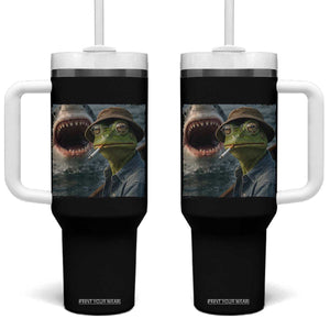 Unbothered Frog Smoking Cigarette Meme Tumbler With Handle Cinematic Shark Attack Calmness Graphic Dark Humor