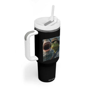 Unbothered Frog Smoking Cigarette Meme Tumbler With Handle Cinematic Shark Attack Calmness Graphic Dark Humor