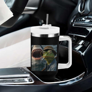 Unbothered Frog Smoking Cigarette Meme Tumbler With Handle Cinematic Shark Attack Calmness Graphic Dark Humor