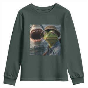 Unbothered Frog Smoking Cigarette Meme Youth Sweatshirt Cinematic Shark Attack Calmness Graphic Dark Humor