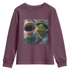 Unbothered Frog Smoking Cigarette Meme Youth Sweatshirt Cinematic Shark Attack Calmness Graphic Dark Humor