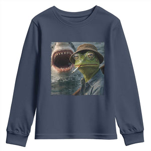 Unbothered Frog Smoking Cigarette Meme Youth Sweatshirt Cinematic Shark Attack Calmness Graphic Dark Humor