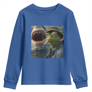Unbothered Frog Smoking Cigarette Meme Youth Sweatshirt Cinematic Shark Attack Calmness Graphic Dark Humor