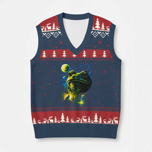 Cosmic Frog Howling At Moon Parody Graphic V-Neck Knit Sweater Vest Vintage 90s Retro Fantasy Meme