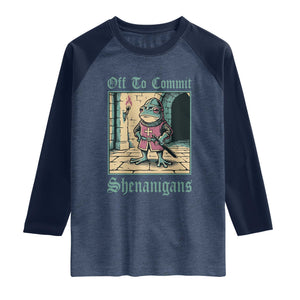 Funny Medieval Frog Knight Fantasy RPG Meme Raglan Shirt Off To Commit Shenanigans