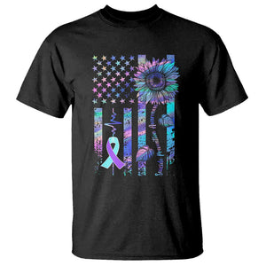 Suicide Prevention Awareness T Shirt - Support Squad Teal Purple American Flag Sunflower Tee TS02 Black Printyourwear