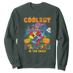 Autism Pumpkin Sweatshirt Coolest Pumpkin In The Patch Puzzle Piece Halloween TS02 Dark Forest Green Printyourwear